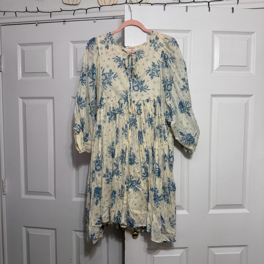 Floral Long Sleeve Dress - Blue and Cream